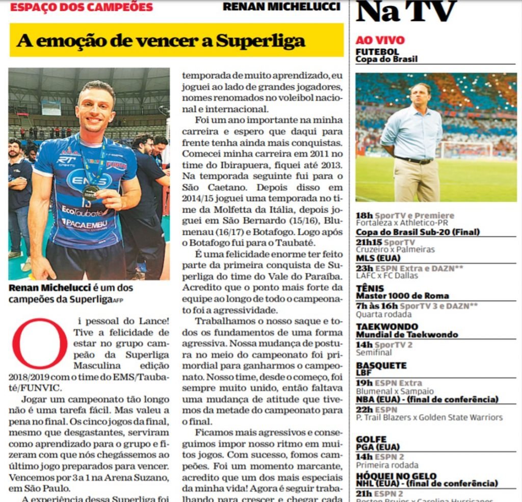 Renan Michelucci, atleta Pro Sports, escreve ao jornal Lance!